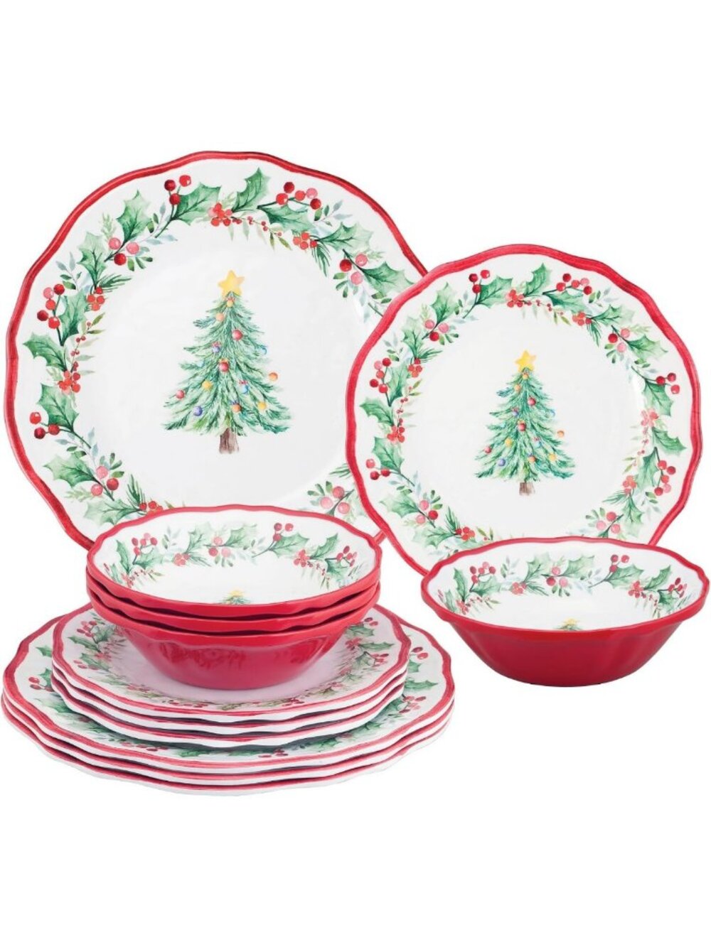 12-Piece Christmas Melamine Dinnerware Set - Outdoor Plates & Bowls for 4